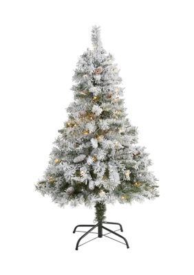4-Foot Flocked White River Mountain Pine Artificial Christmas Tree with Pinecones and 100 Clear LED Lights