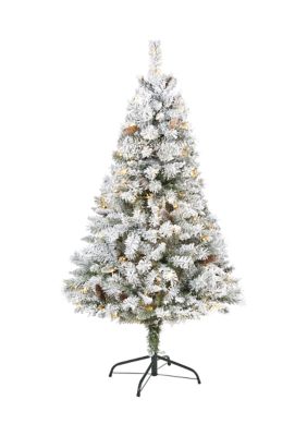 Nearly Natural 5 Foot Flocked White River Mountain Pine Artificial Christmas Tree with Pinecones and 150 Clear LED Lights, Green