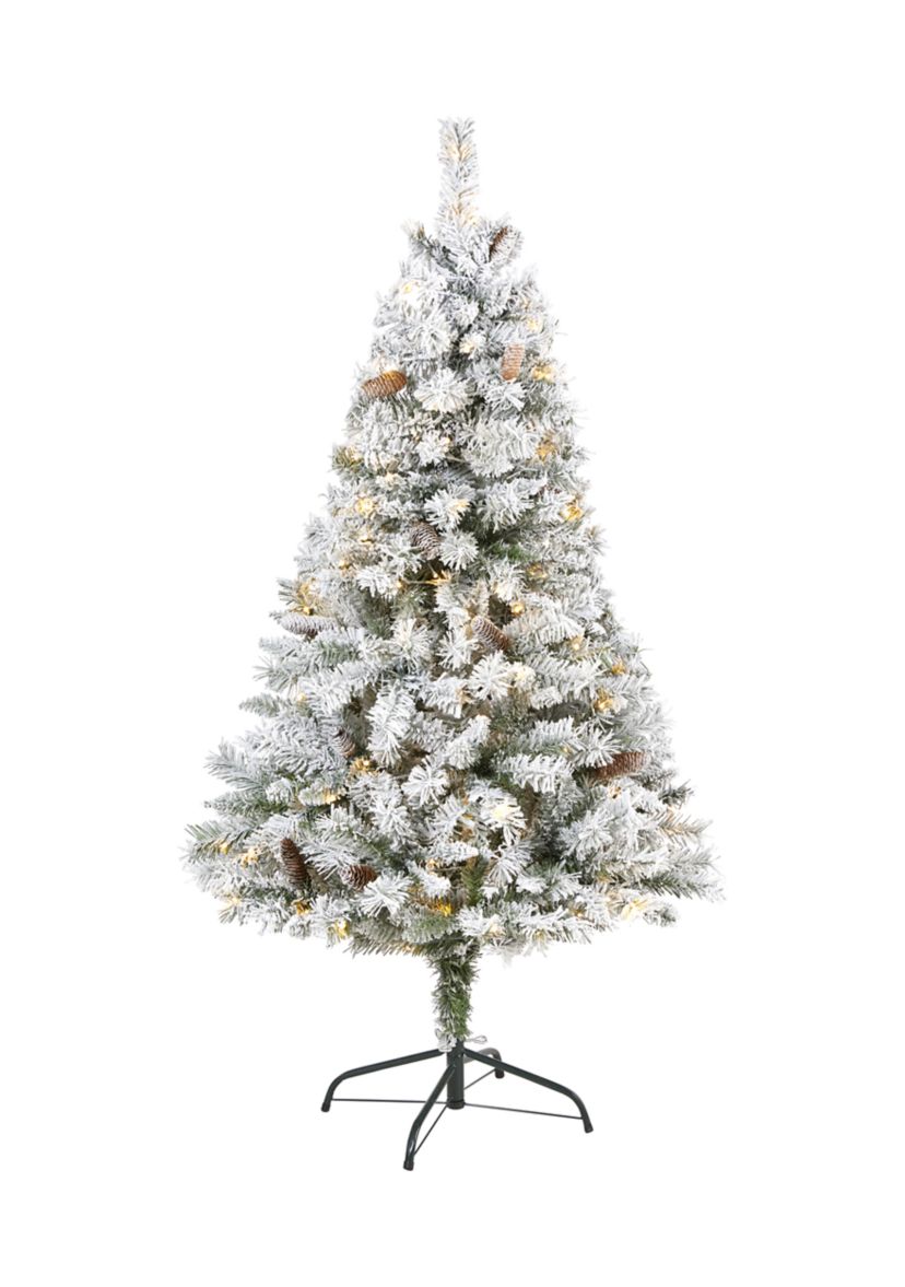 5 Foot Flocked White River Mountain Pine Artificial Christmas Tree with Pinecones and 150 Clear LED Lights