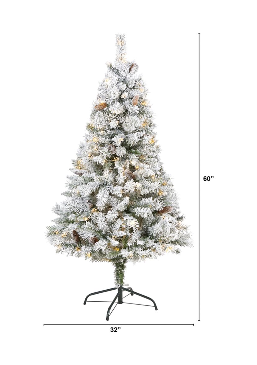 5 Foot Flocked White River Mountain Pine Artificial Christmas Tree with Pinecones and 150 Clear LED Lights