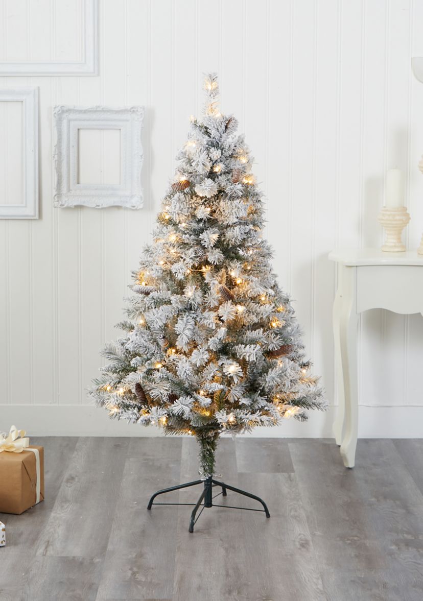 5 Foot Flocked White River Mountain Pine Artificial Christmas Tree with Pinecones and 150 Clear LED Lights