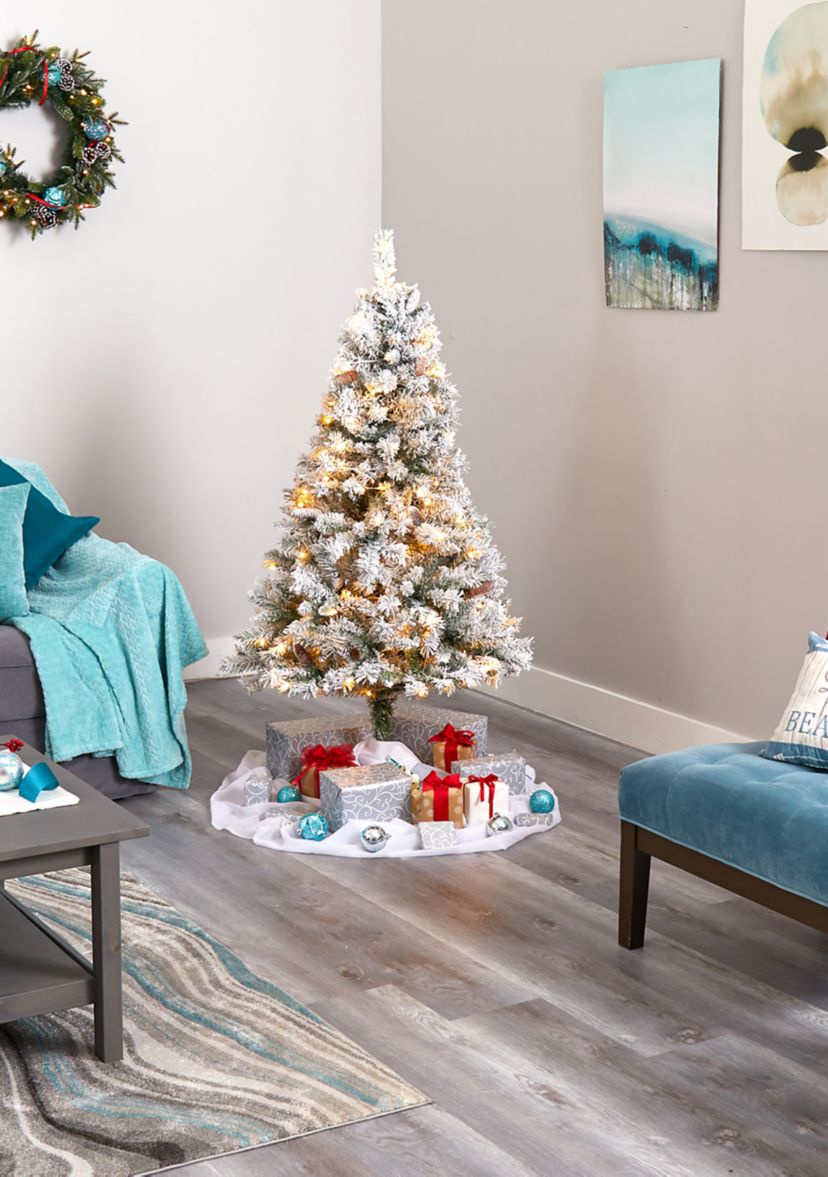 5 Foot Flocked White River Mountain Pine Artificial Christmas Tree with Pinecones and 150 Clear LED Lights