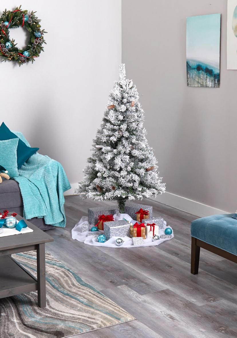5 Foot Flocked White River Mountain Pine Artificial Christmas Tree with Pinecones and 150 Clear LED Lights