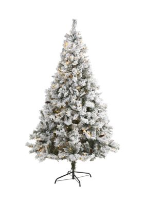 Nearly Natural 7 Foot Flocked White River Mountain Pine Artificial Christmas Tree with Pinecones and 350 LED Lights, Green