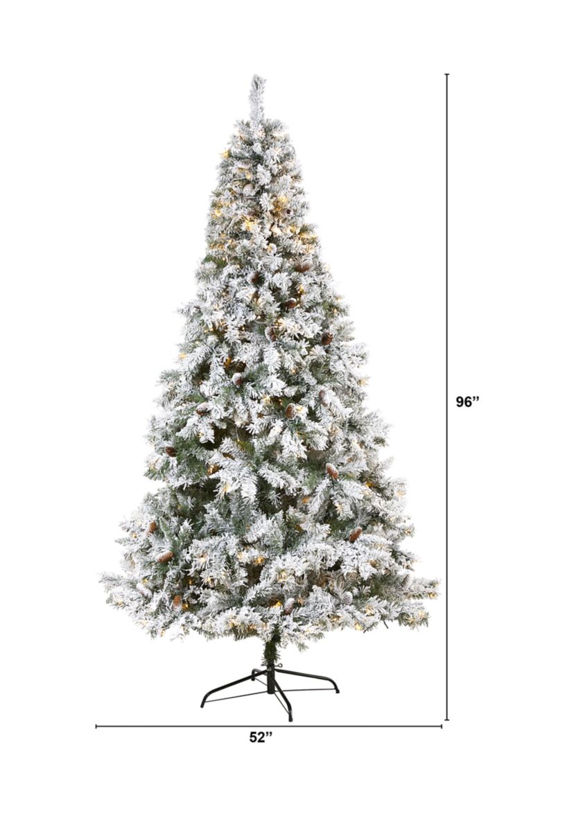 8 Foot Flocked White River Mountain Pine Artificial Christmas Tree with Pinecones and 500 Clear LED Lights