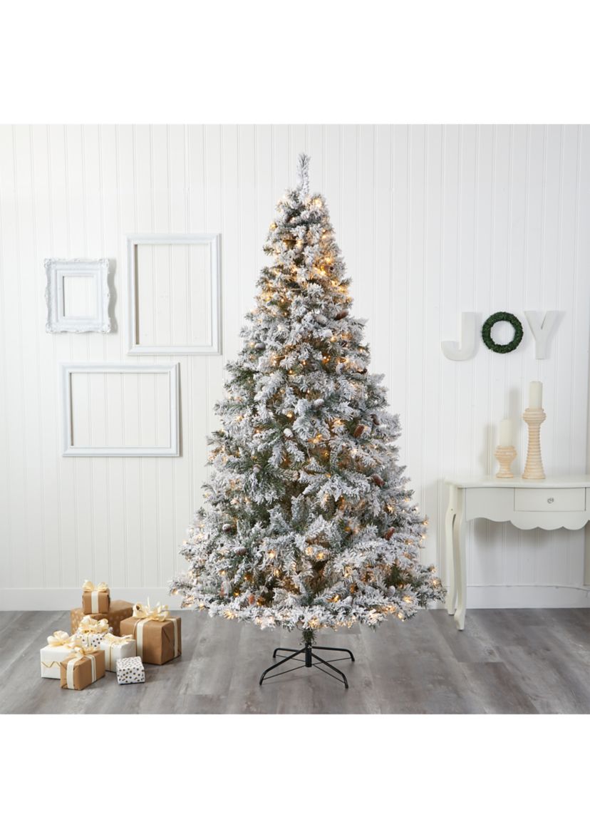 8 Foot Flocked White River Mountain Pine Artificial Christmas Tree with Pinecones and 500 Clear LED Lights