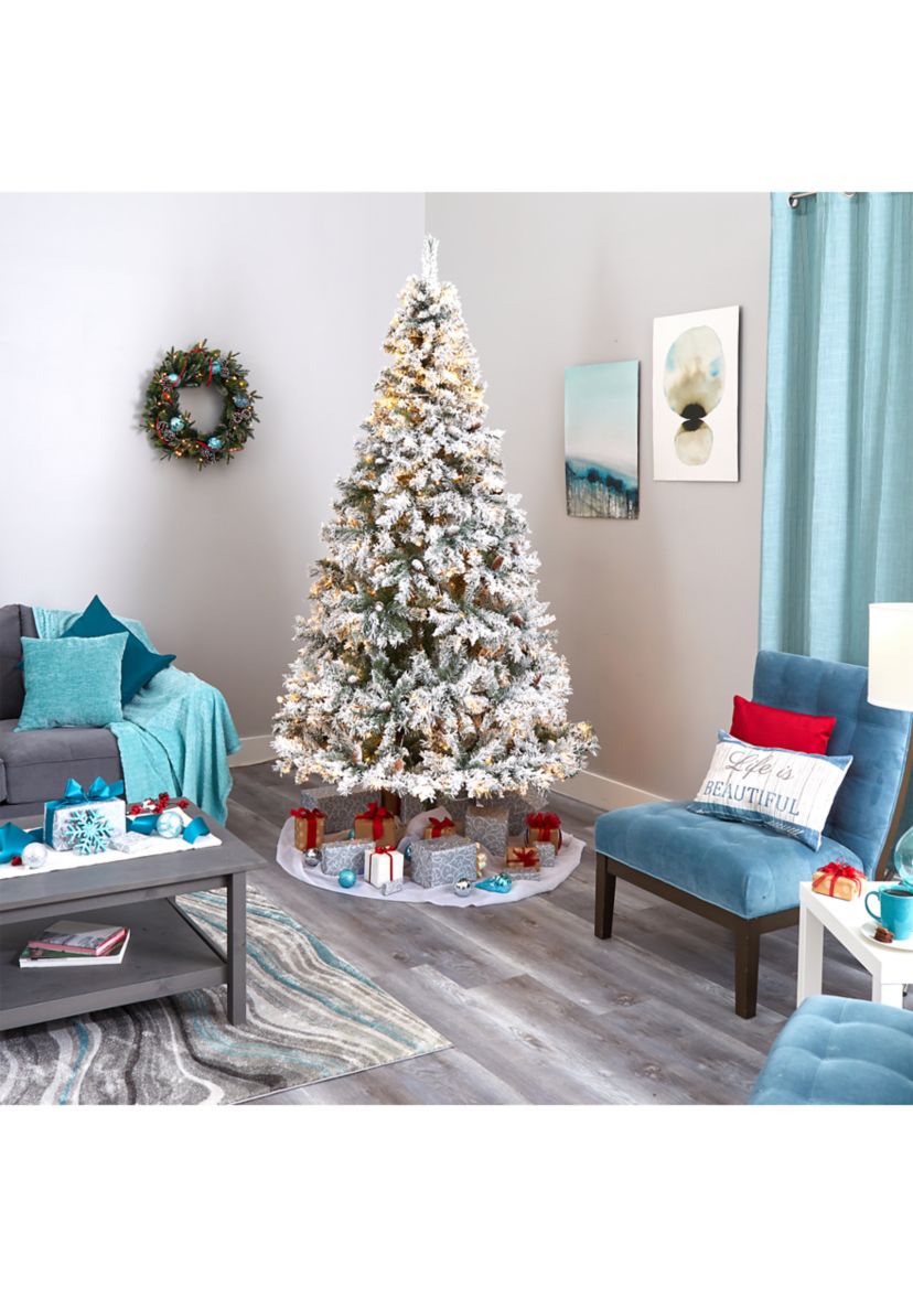 8 Foot Flocked White River Mountain Pine Artificial Christmas Tree with Pinecones and 500 Clear LED Lights