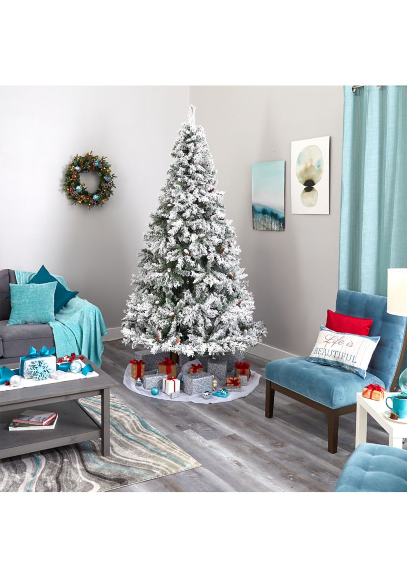 8 Foot Flocked White River Mountain Pine Artificial Christmas Tree with Pinecones and 500 Clear LED Lights