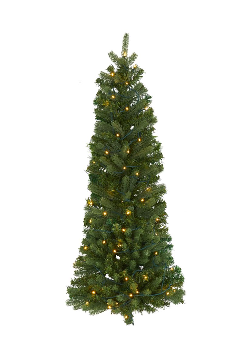4 Foot Flat Back Wall Hanging Artificial Christmas Tree with 50 Clear LED Lights