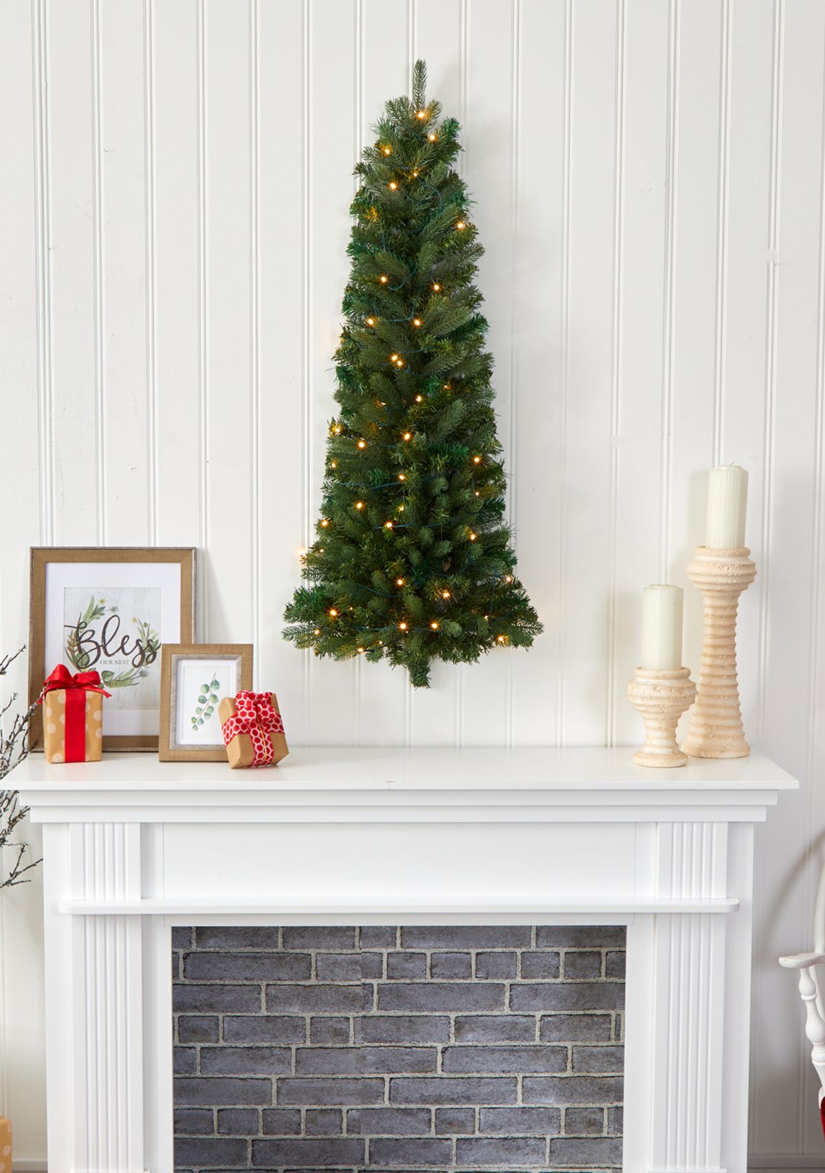 4 Foot Flat Back Wall Hanging Artificial Christmas Tree with 50 Clear LED Lights