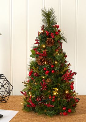 Nearly Natural Mixed Berry and Pine Cone Christmas Tree with 35 Clear LED Lights, Green, 2 Foot