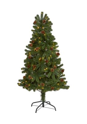 Nearly Natural 5-Foot Rocky Mountain Spruce Artificial Christmas Tree with Pinecones and 100 Clear LED Lights, Green, 5 Foot