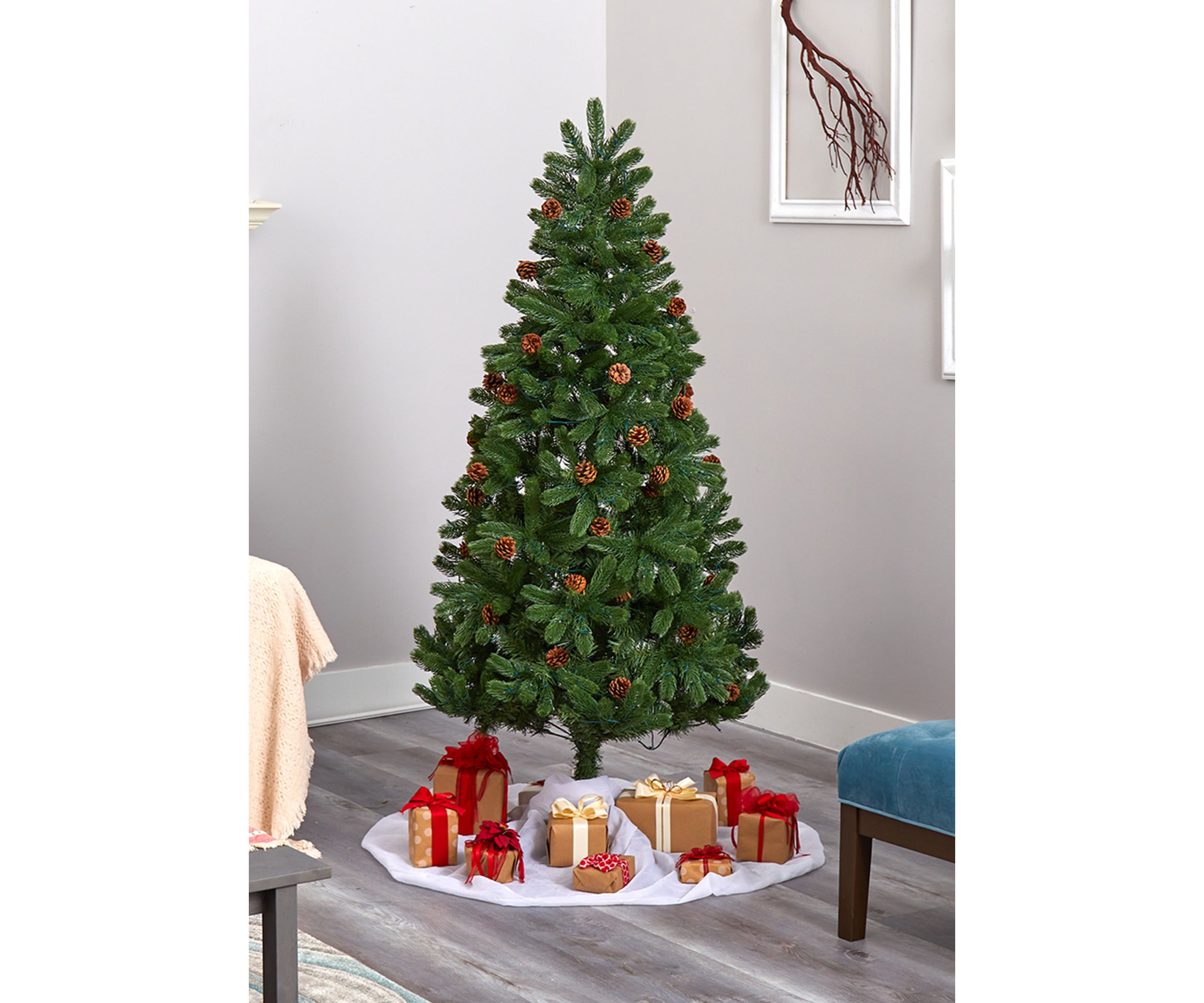 6 Foot Rocky Mountain Spruce Artificial Christmas Tree with Pinecones and 250 Clear LED Lights