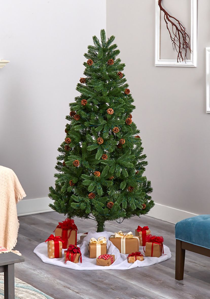 6 Foot Rocky Mountain Spruce Artificial Christmas Tree with Pinecones and 250 Clear LED Lights