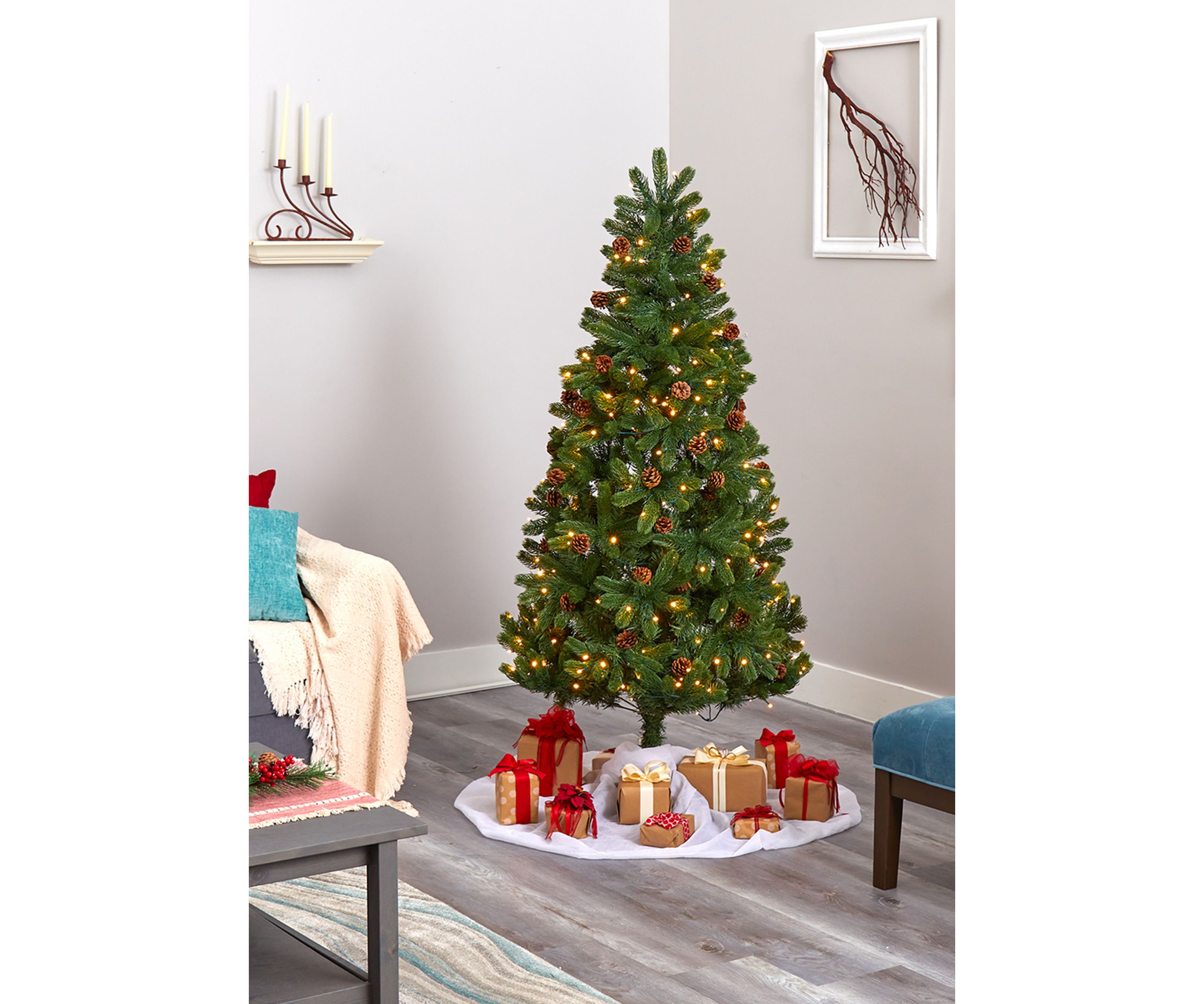 6 Foot Rocky Mountain Spruce Artificial Christmas Tree with Pinecones and 250 Clear LED Lights