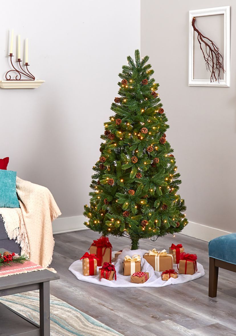6 Foot Rocky Mountain Spruce Artificial Christmas Tree with Pinecones and 250 Clear LED Lights