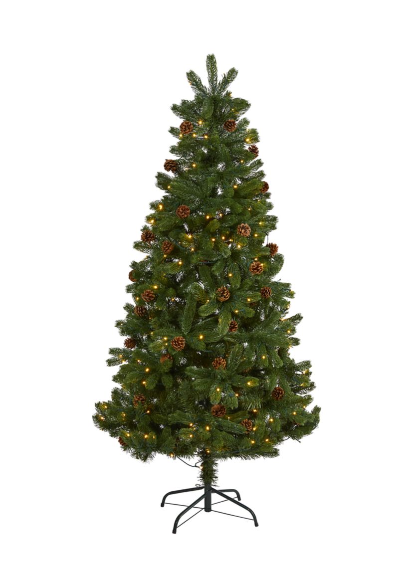 6 Foot Rocky Mountain Spruce Artificial Christmas Tree with Pinecones and 250 Clear LED Lights