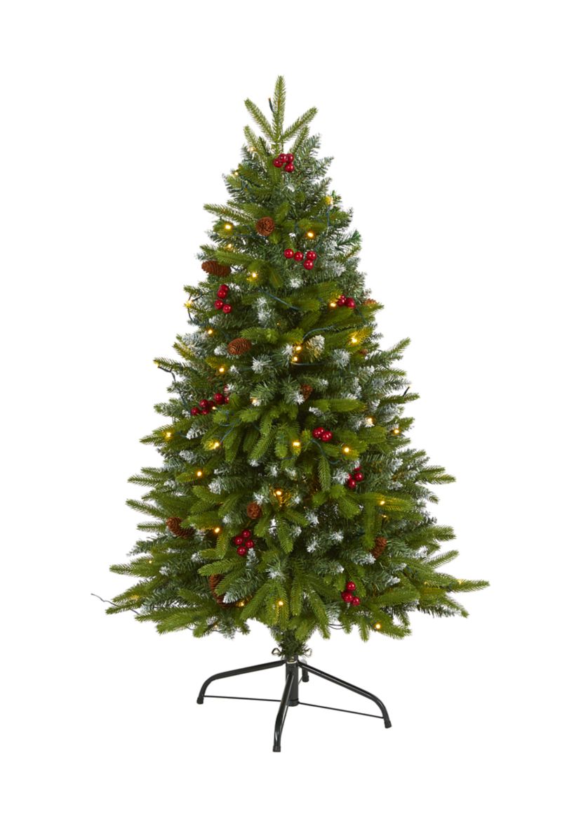 4 Foot Snow Tipped Portland Spruce Artificial Christmas Tree with Frosted Berries and Pinecones with 100 Clear LED Lights