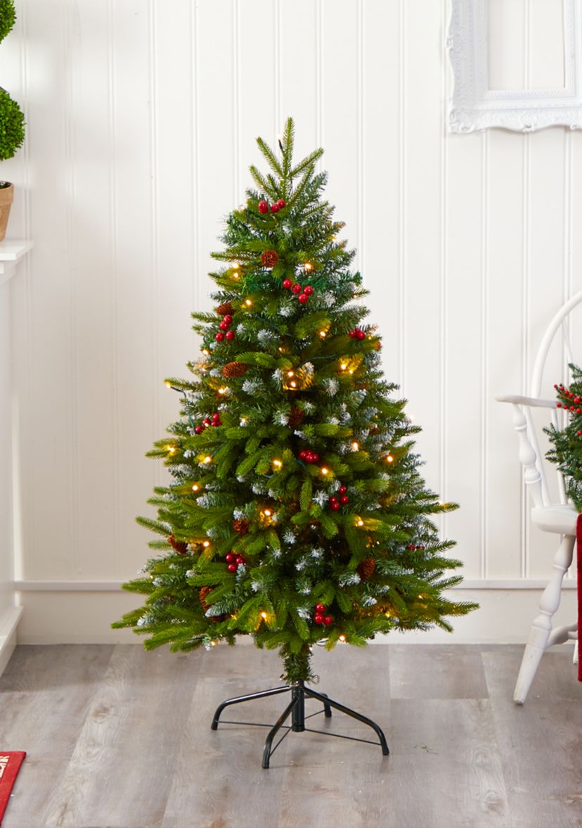 4 Foot Snow Tipped Portland Spruce Artificial Christmas Tree with Frosted Berries and Pinecones with 100 Clear LED Lights
