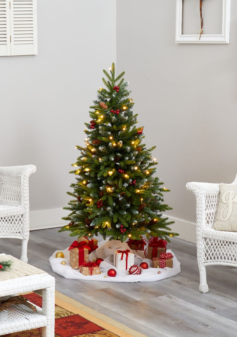 4 Foot Snow Tipped Portland Spruce Artificial Christmas Tree with Frosted Berries and Pinecones with 100 Clear LED Lights