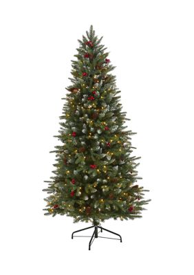 Nearly Natural 6 Foot Snow Tipped Portland Spruce Artificial Christmas Tree with Frosted Berries and Pinecones with 300 Clear LED Lights, Green