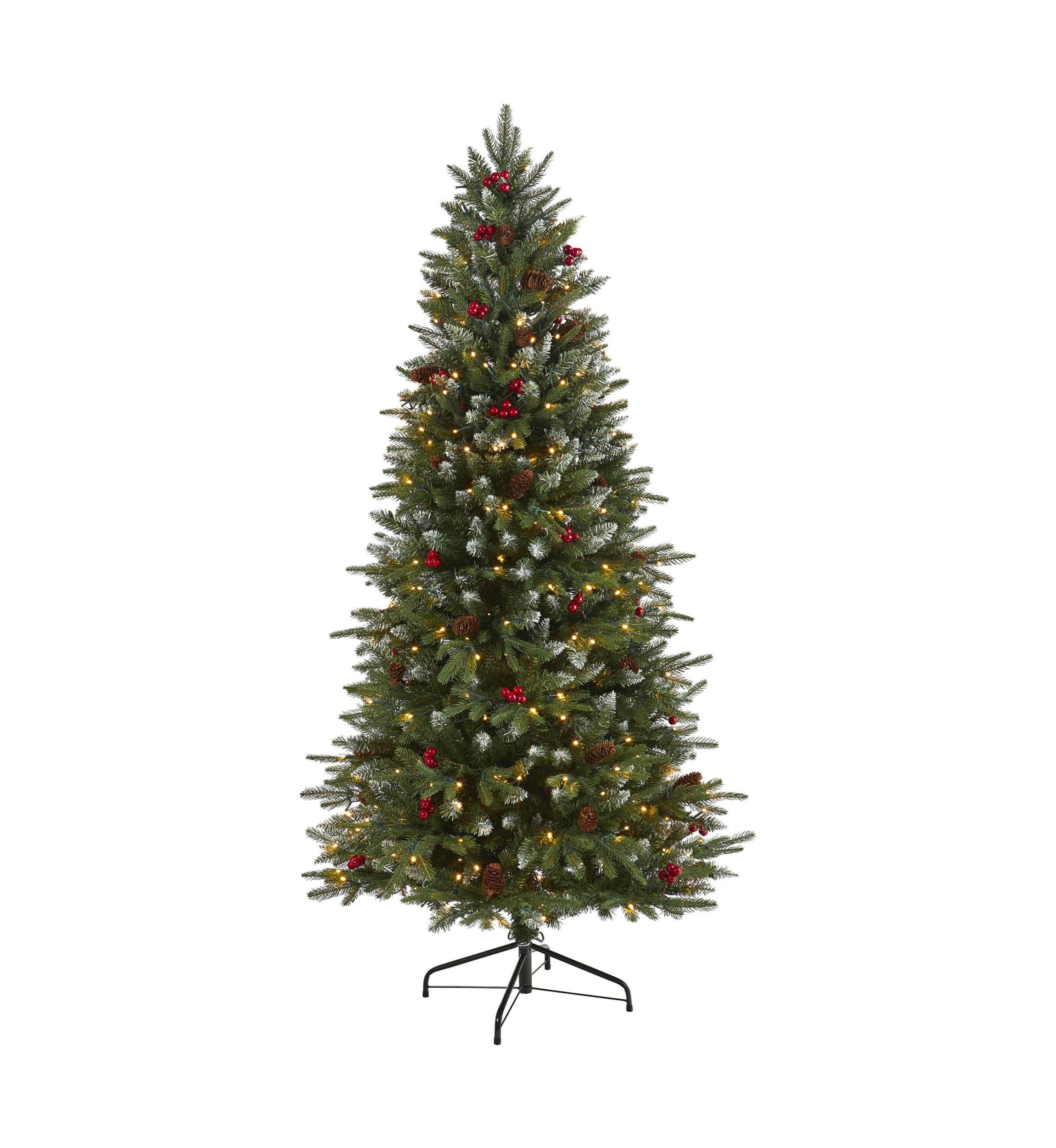 6 Foot Snow Tipped Portland Spruce Artificial Christmas Tree with Frosted Berries and Pinecones with 300 Clear LED Lights