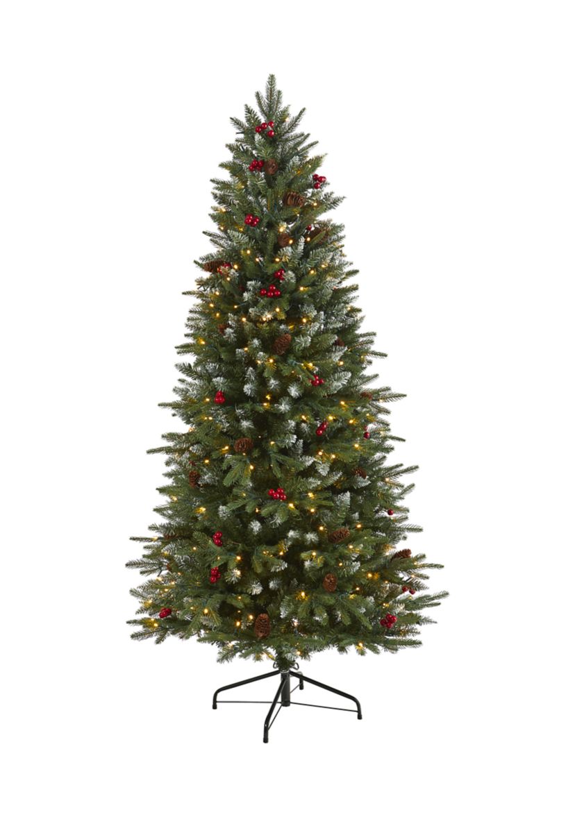 6 Foot Snow Tipped Portland Spruce Artificial Christmas Tree with Frosted Berries and Pinecones with 300 Clear LED Lights