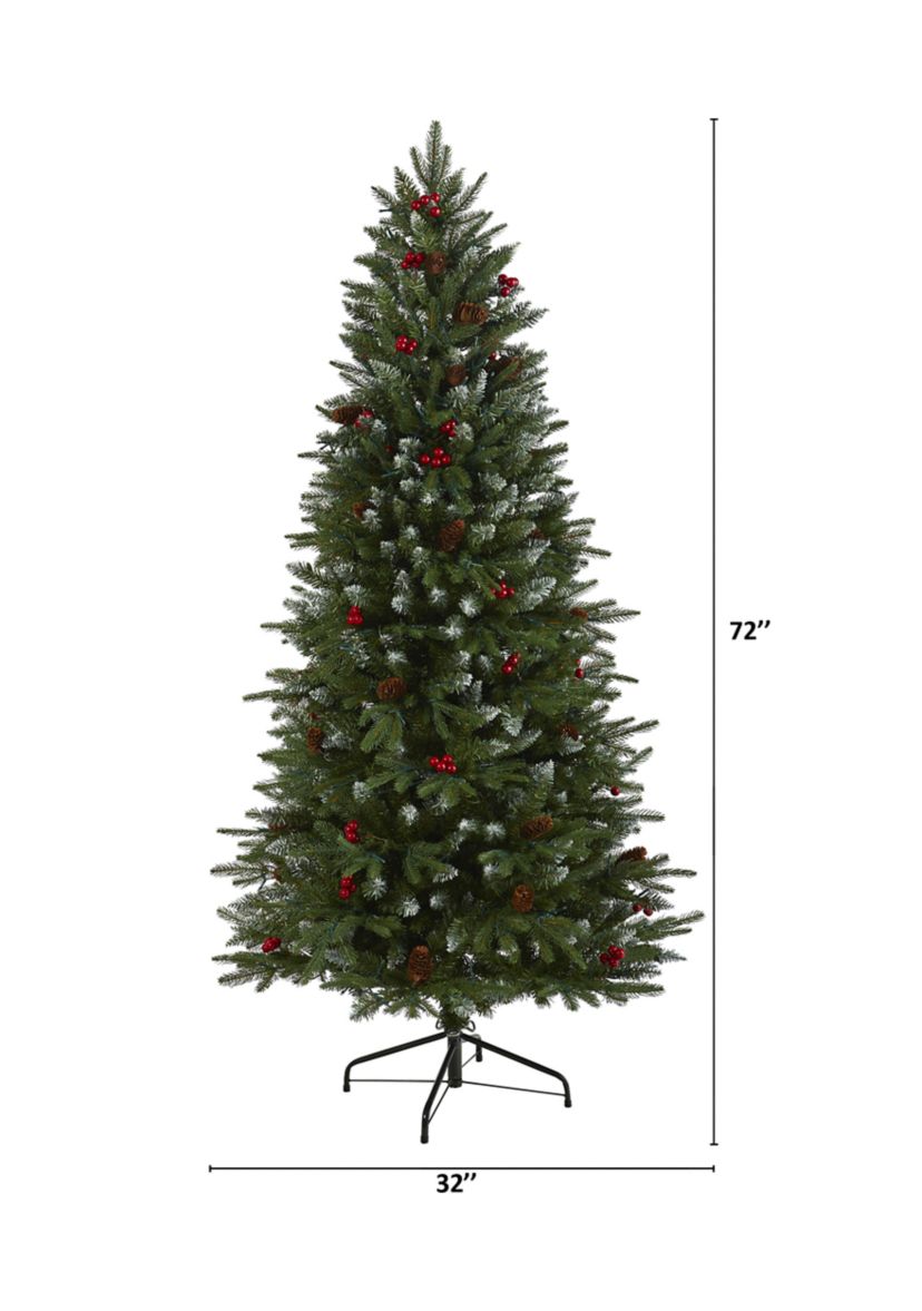 6 Foot Snow Tipped Portland Spruce Artificial Christmas Tree with Frosted Berries and Pinecones with 300 Clear LED Lights