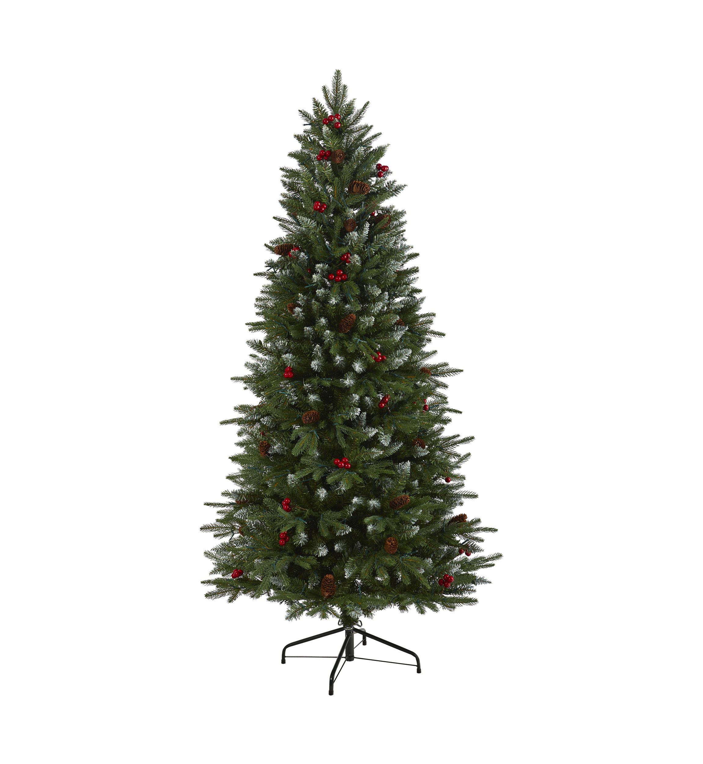 6 Foot Snow Tipped Portland Spruce Artificial Christmas Tree with Frosted Berries and Pinecones with 300 Clear LED Lights