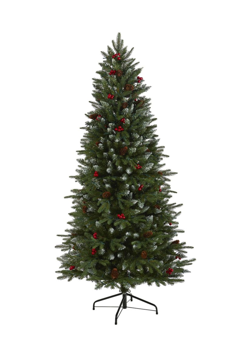 6 Foot Snow Tipped Portland Spruce Artificial Christmas Tree with Frosted Berries and Pinecones with 300 Clear LED Lights