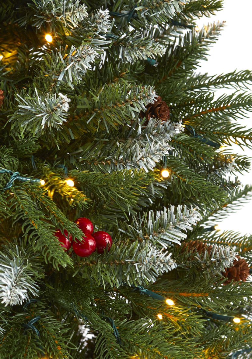 6 Foot Snow Tipped Portland Spruce Artificial Christmas Tree with Frosted Berries and Pinecones with 300 Clear LED Lights