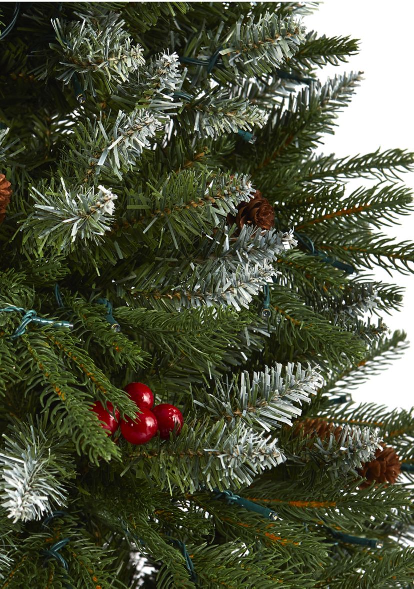 6 Foot Snow Tipped Portland Spruce Artificial Christmas Tree with Frosted Berries and Pinecones with 300 Clear LED Lights