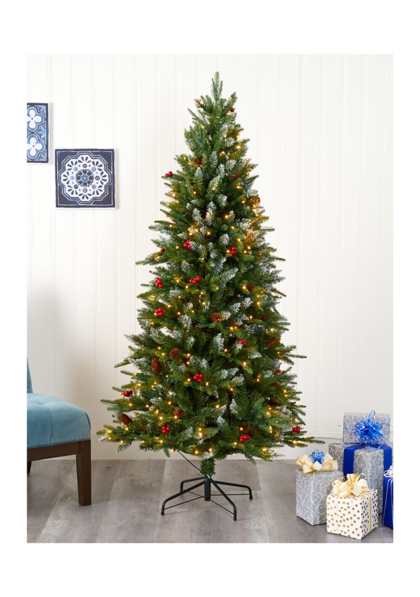 6 Foot Snow Tipped Portland Spruce Artificial Christmas Tree with Frosted Berries and Pinecones with 300 Clear LED Lights