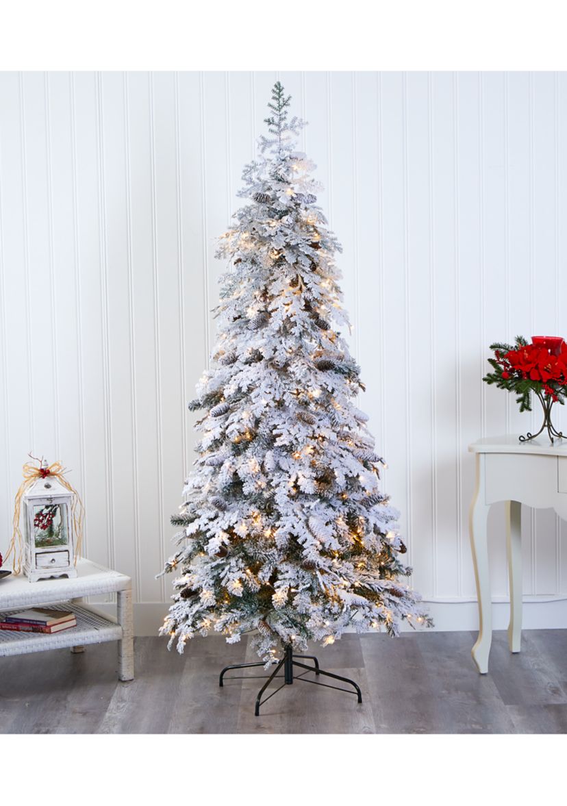 7 Foot Flocked Montana Down Swept Spruce Artificial Christmas Tree with Pinecones and 400 LED Lights