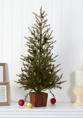Nearly Natural Alpine Christmas Tree in Wood Planter with Pine Cones, Green, 3 Foot