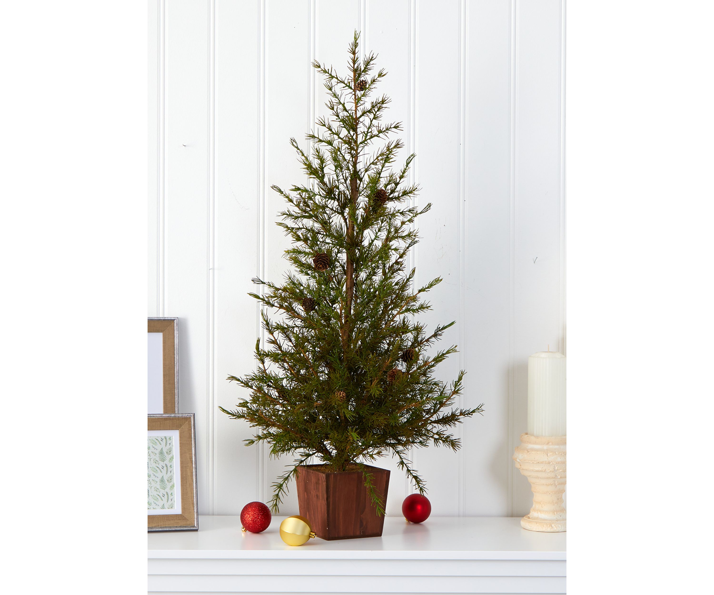 Alpine Christmas Tree in Wood Planter with Pine Cones