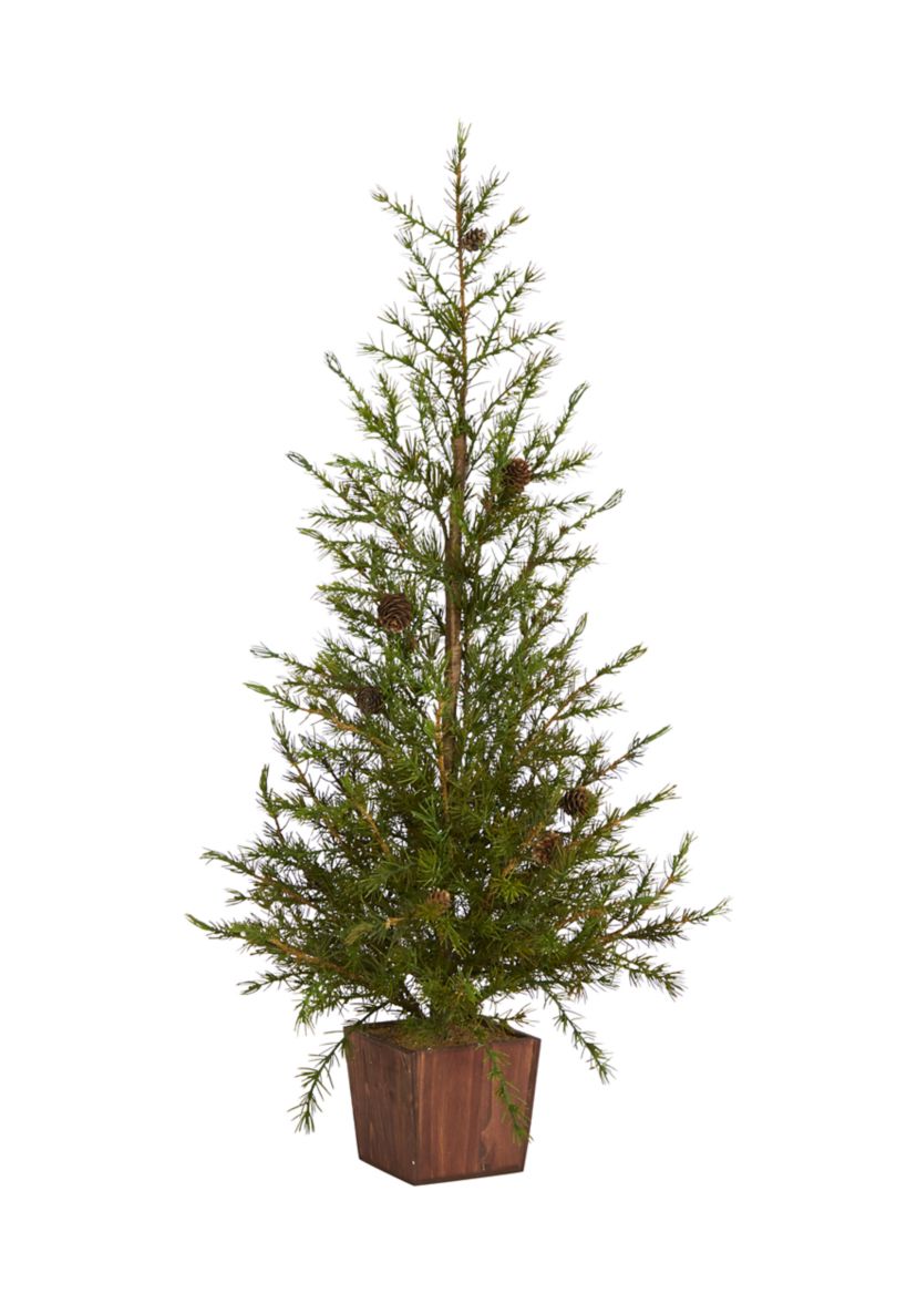 Alpine Christmas Tree in Wood Planter with Pine Cones