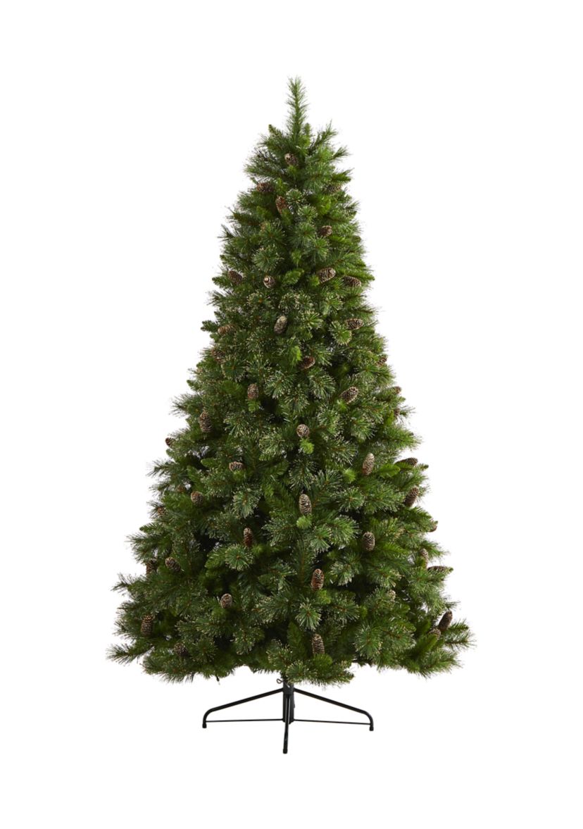 7.5 Foot Golden Tip Washington Pine Artificial Christmas Tree with 600 Clear Lights, Pine Cones, and 1568 Bendable Branches