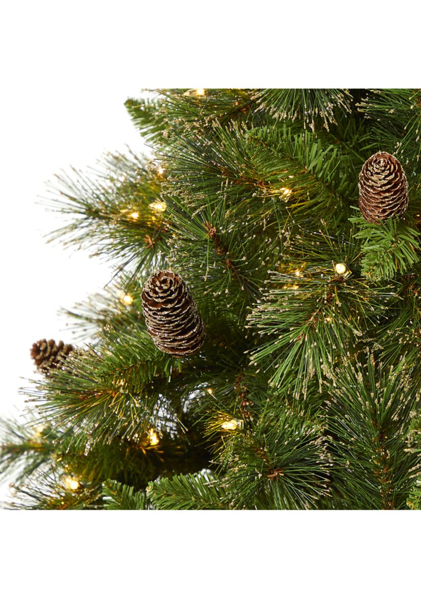7.5 Foot Golden Tip Washington Pine Artificial Christmas Tree with 600 Clear Lights, Pine Cones, and 1568 Bendable Branches