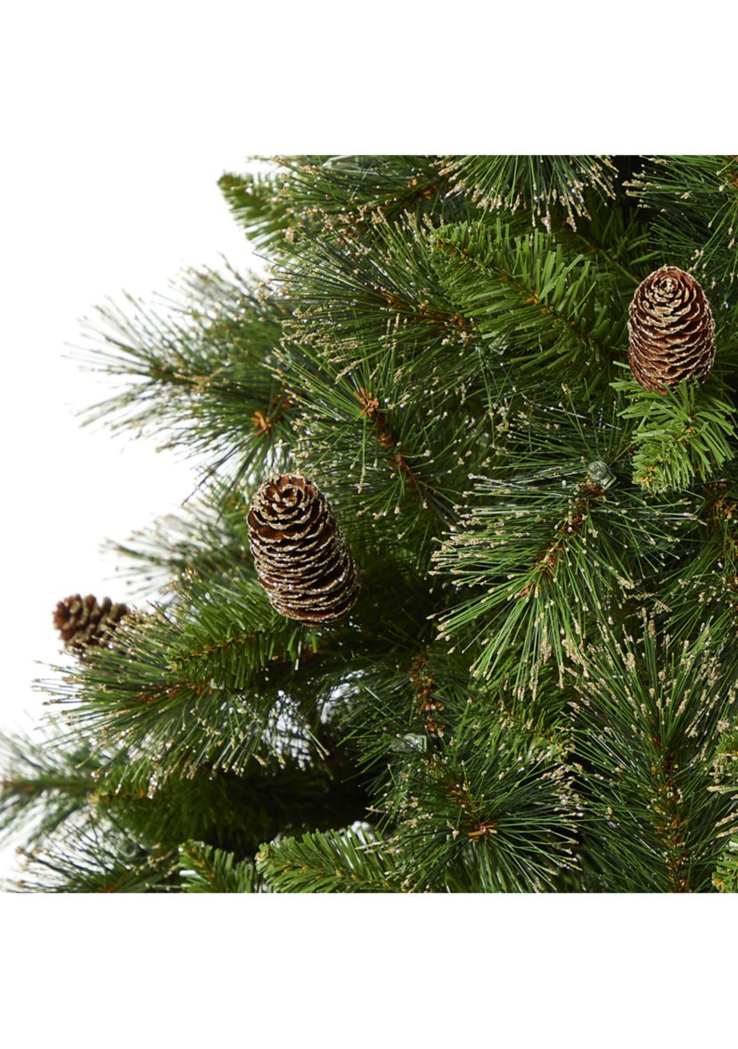 7.5 Foot Golden Tip Washington Pine Artificial Christmas Tree with 600 Clear Lights, Pine Cones, and 1568 Bendable Branches
