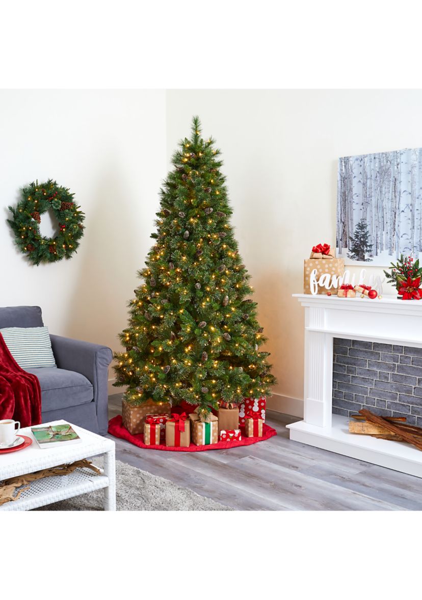 7.5 Foot Golden Tip Washington Pine Artificial Christmas Tree with 600 Clear Lights, Pine Cones, and 1568 Bendable Branches