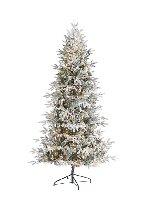 Nearly Natural 7.5ft Slim Flocked Nova Scotia Spruce Artificial Christmas Tree with 450 Warm White LED Lights