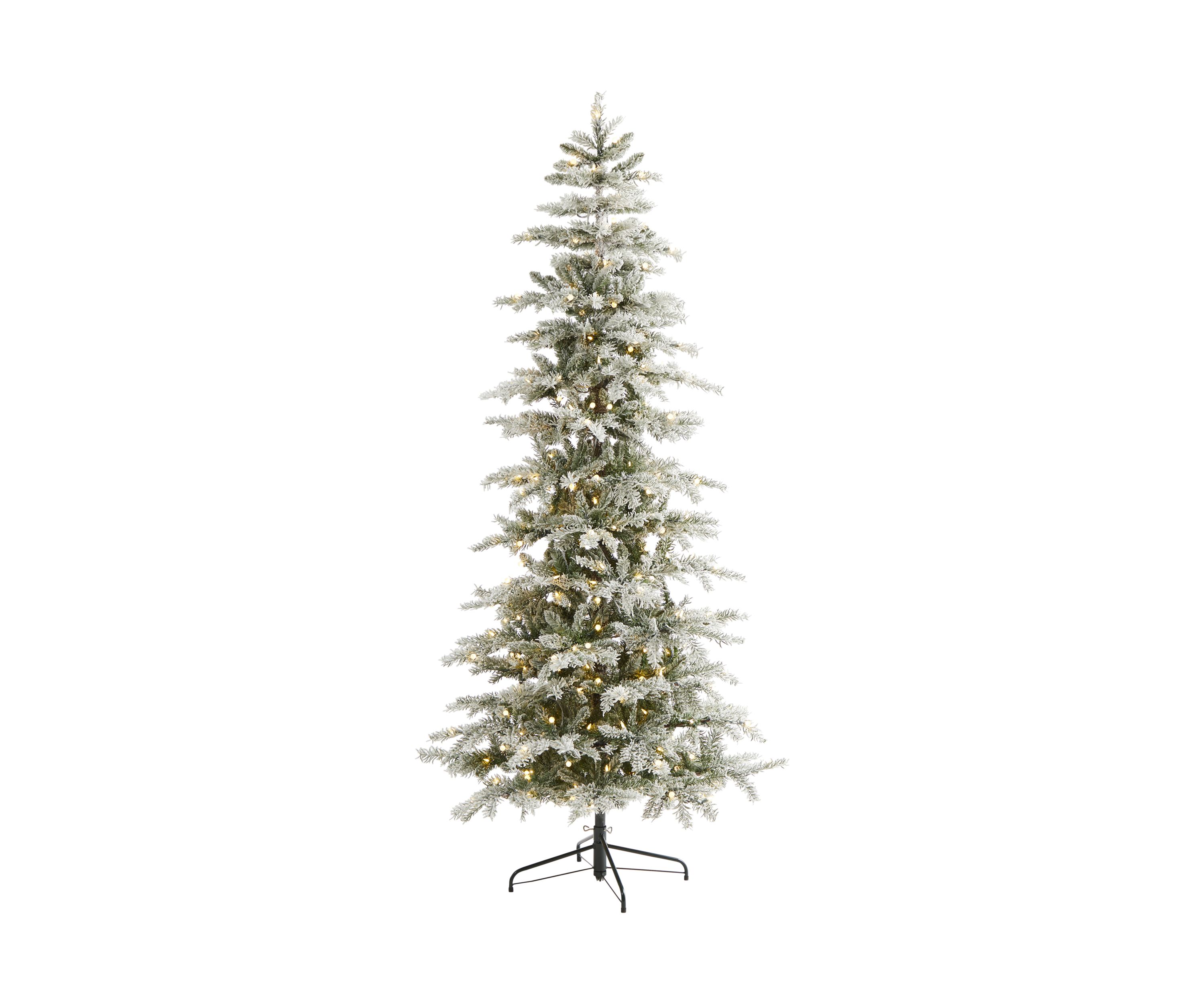 7.5 Foot Slim Flocked Nova Scotia Spruce Artificial Christmas Tree with 450 Warm White LED Lights and 909 Bendable Branches