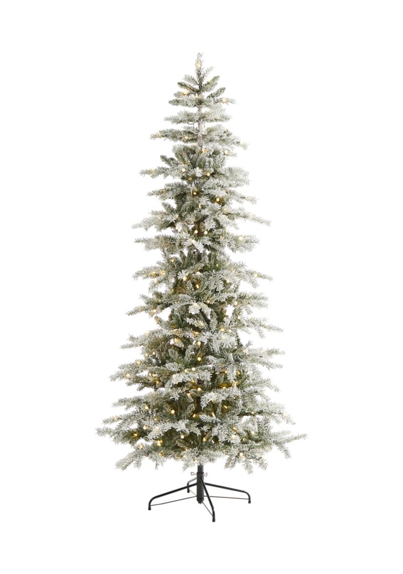 7.5 Foot Slim Flocked Nova Scotia Spruce Artificial Christmas Tree with 450 Warm White LED Lights and 909 Bendable Branches
