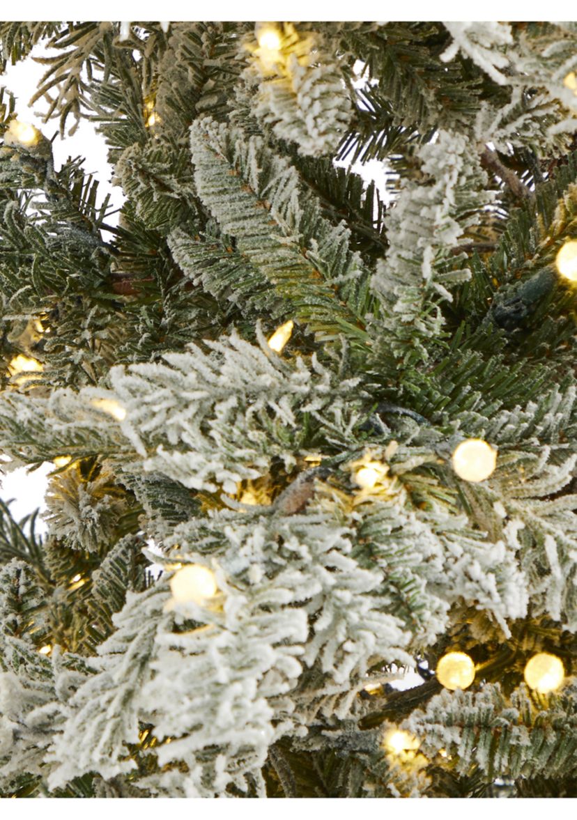 7.5 Foot Slim Flocked Nova Scotia Spruce Artificial Christmas Tree with 450 Warm White LED Lights and 909 Bendable Branches
