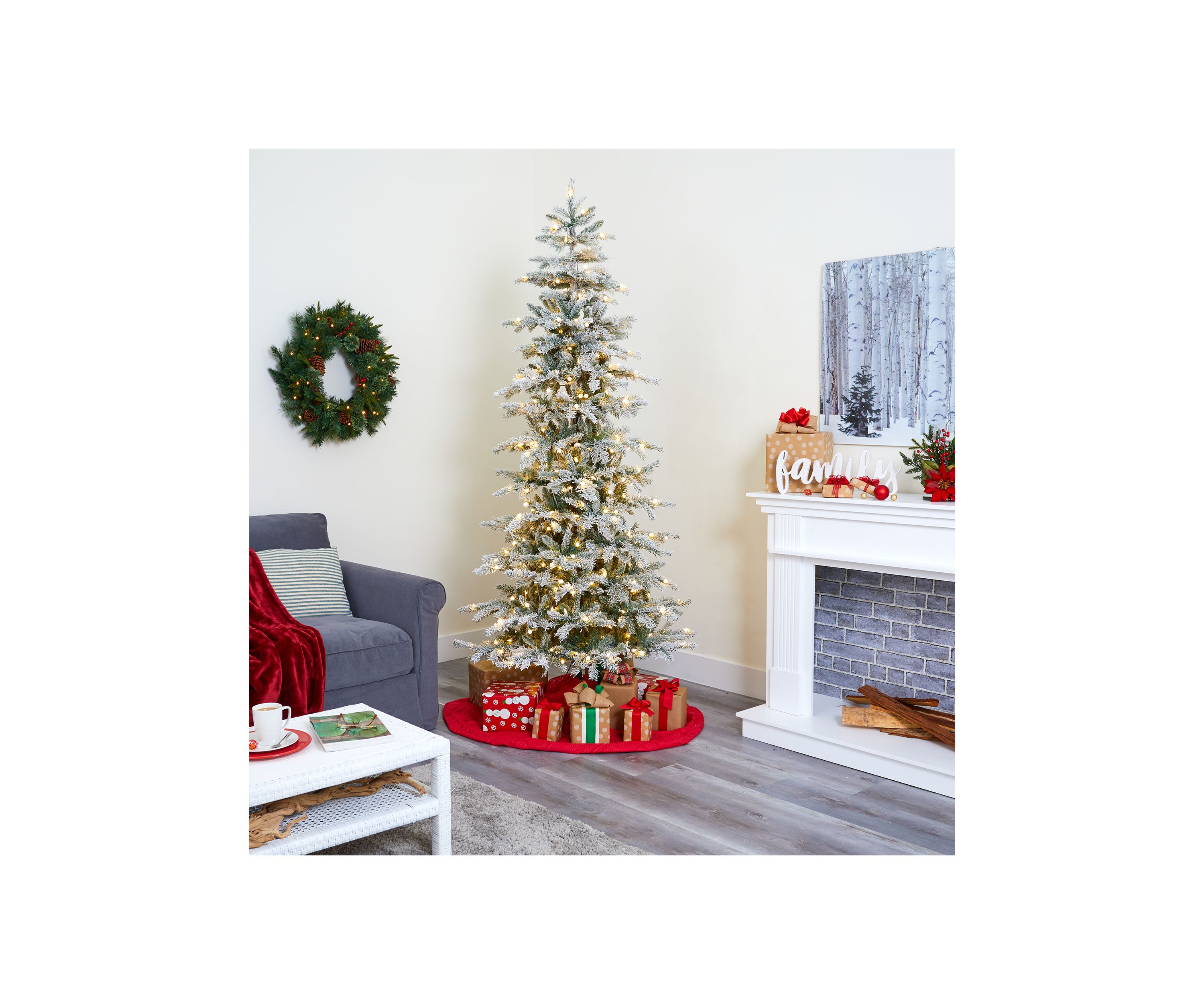 7.5 Foot Slim Flocked Nova Scotia Spruce Artificial Christmas Tree with 450 Warm White LED Lights and 909 Bendable Branches