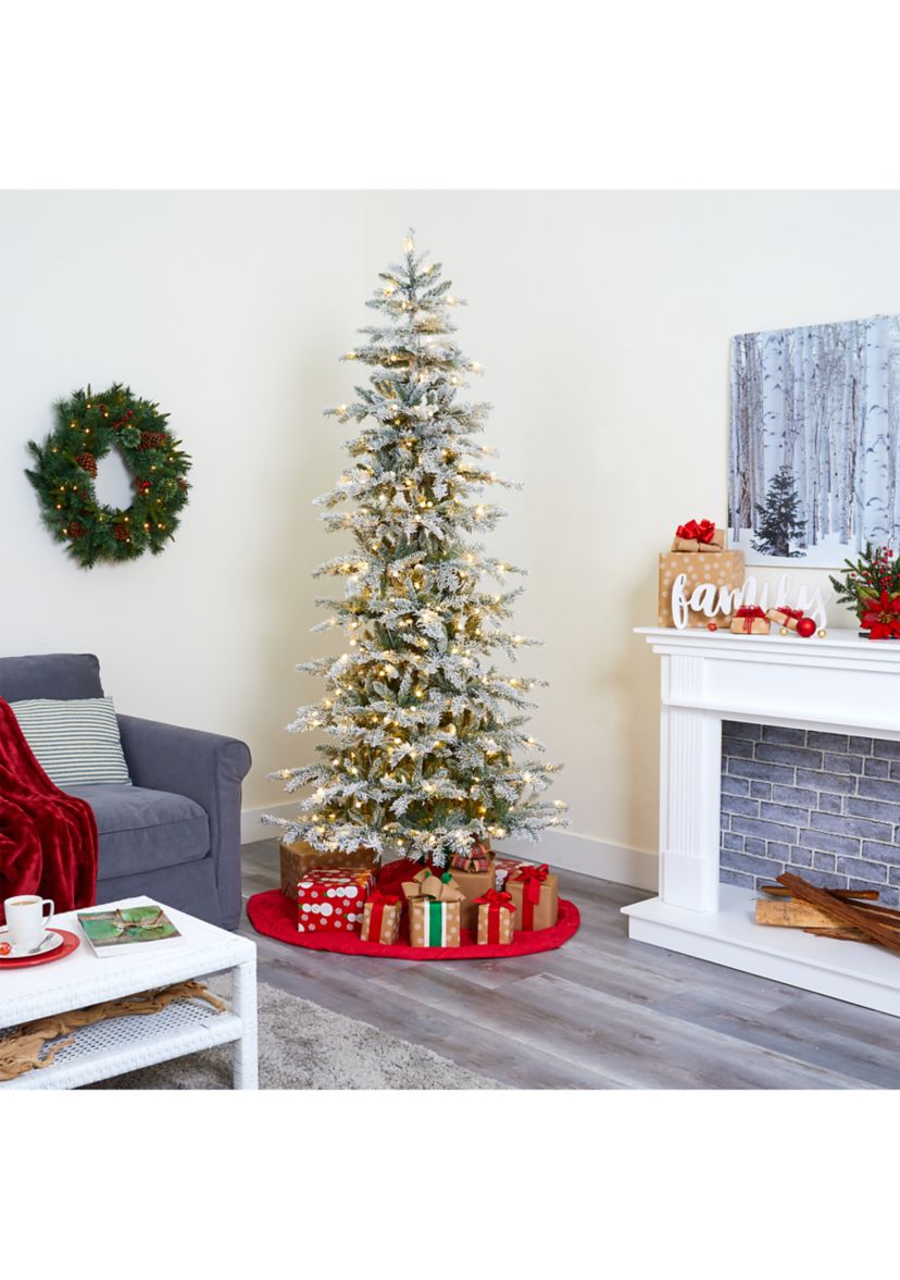 7.5 Foot Slim Flocked Nova Scotia Spruce Artificial Christmas Tree with 450 Warm White LED Lights and 909 Bendable Branches