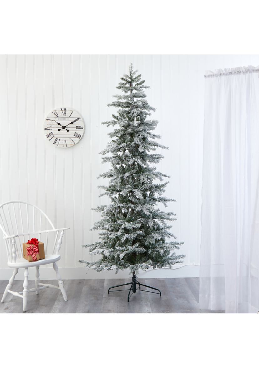 7.5 Foot Slim Flocked Nova Scotia Spruce Artificial Christmas Tree with 450 Warm White LED Lights and 909 Bendable Branches