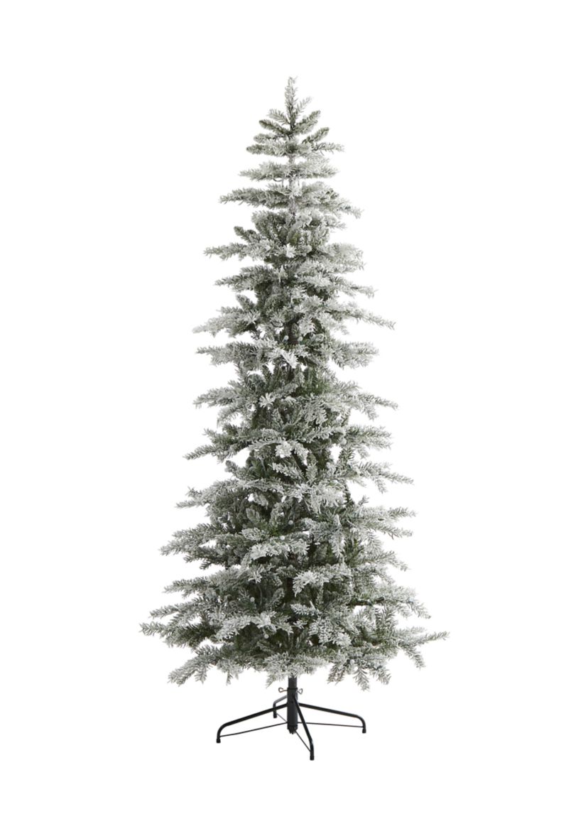 7.5 Foot Slim Flocked Nova Scotia Spruce Artificial Christmas Tree with 450 Warm White LED Lights and 909 Bendable Branches