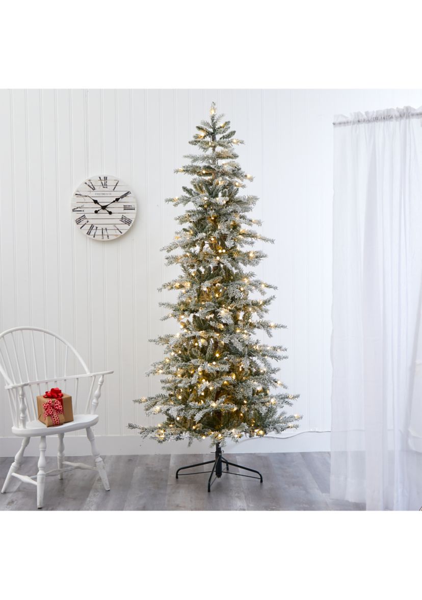 7.5 Foot Slim Flocked Nova Scotia Spruce Artificial Christmas Tree with 450 Warm White LED Lights and 909 Bendable Branches